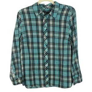Talbots Petite Multicolour Cotton Metallic Blend Plaid Long Sleeve Large Blouse
